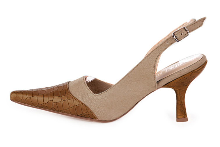 Caramel brown and tan beige women's slingback shoes. Pointed toe. High spool heels. Profile view - Florence KOOIJMAN